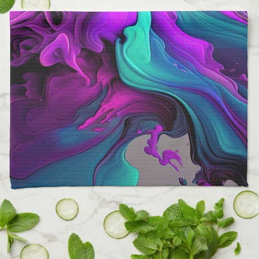 パープルアクアターコイズビューティフル抽象芸術フルードアート キッチンタオル (折り畳み)