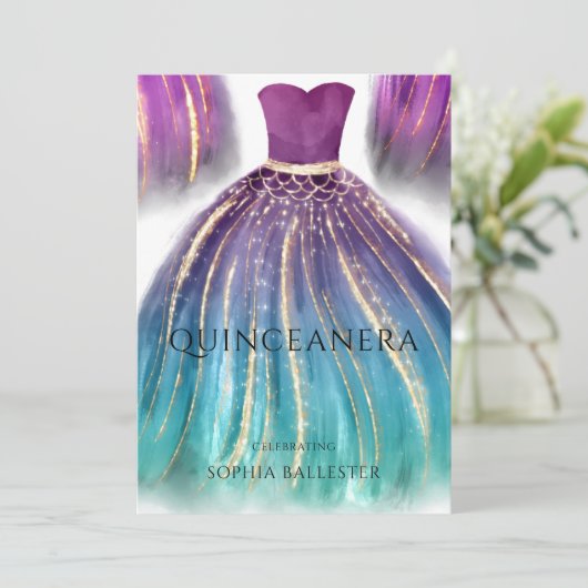 パープルアクアティール(緑がかった色)グラデーションマーメイドドレスキンセアニェラ 招待状 (スタンド正面)