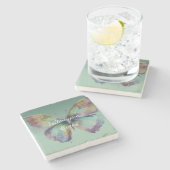 パープルアクアブルー金ゴールドミント蝶 ストーンコースター (横)