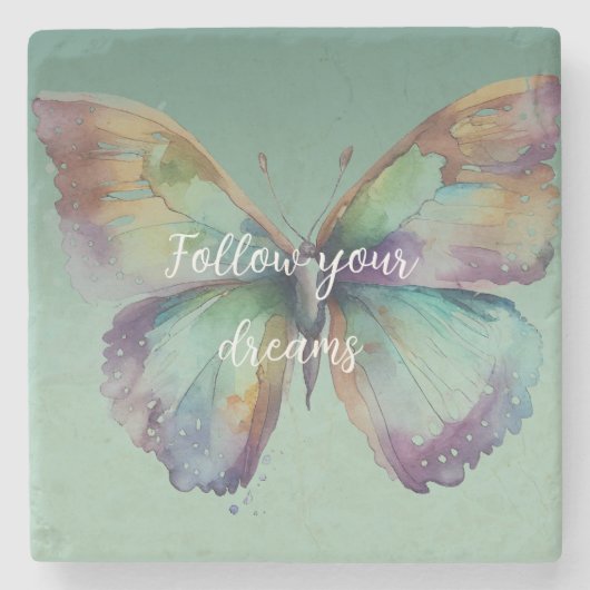 パープルアクアブルー金ゴールドミント蝶 ストーンコースター (正面)