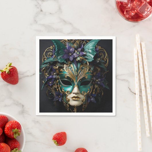 パープルアクアマスカレードマスクマルディグラスドラマ スタンダードカクテルナプキン (インサイチュ)