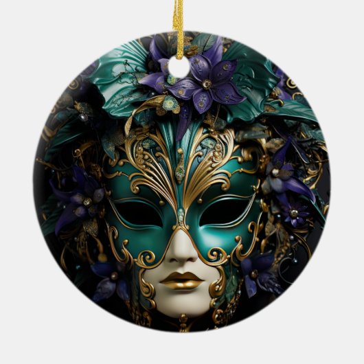 パープルアクアマスカレードマスクマルディグラスドラマ セラミックオーナメント (裏面)