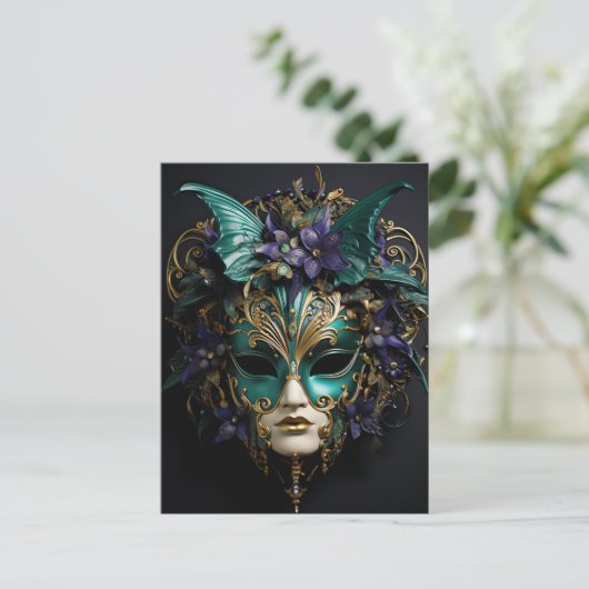 パープルアクアマスカレードマスクマルディグラスドラマ ポストカード (スタンド正面)