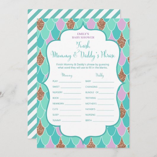 パープルアクアマーメイドベビーシャワーゲーム招待状 招待状 (正面/裏面)