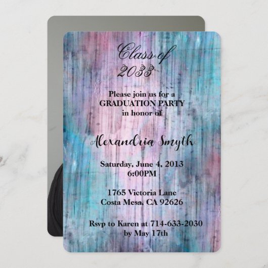 パープルアクア抽象芸術卒業写真 招待状 (正面/裏面)