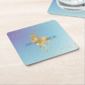 パープルアクア金ゴールドスパークルユニコーン スクエアペーパーコースター (アングル)