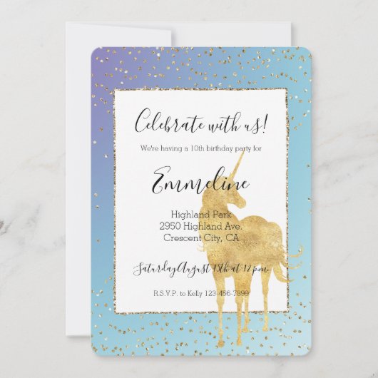 パープルアクア金ゴールドユニコーングリッタースパークル 招待状 (正面)