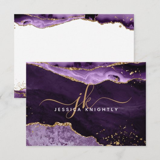パープルアゲテゲード金ゴールドグリッタースクリプトモノグラム ノートカード (正面/裏面)