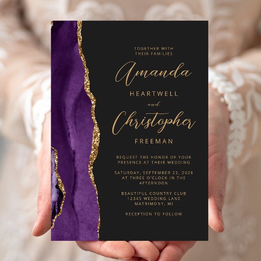 パープルアゲートモダン金ゴールドスクリプト石板結婚の 招待状