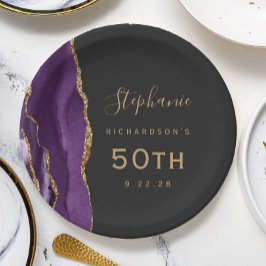 パープルアゲート大理石ゴールドダーク 50歳の誕生日 ペーパープレート