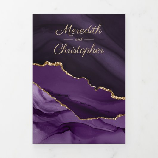 パープルアゲート金ゴールドグリッターゲードフォト結婚ズ 三つ折り招待状 (カバー)