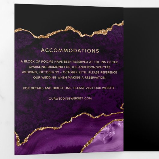 パープルアゲート金ゴールドグリッターゲードフォト結婚ズ 三つ折り招待状 (内部最初)