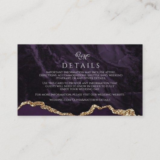 パープルアゲート&ゴールドの結婚式スクリプト詳細カード エンクロージャーカード (正面)