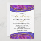 パープルアゲート モダン ウォーターカラー ゴールド ウェディング 招待状 (正面)