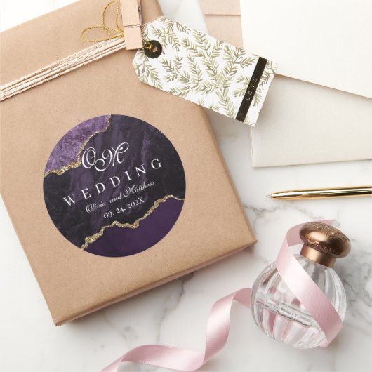 パープルアゲート&金ゴールド結婚ズスクリプトラグジュアリー ラウンドシール (ギフト)