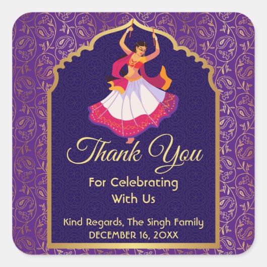 パープルアジアンアラビアングoldenパターン枠メヘンディ スクエアシール (正面)