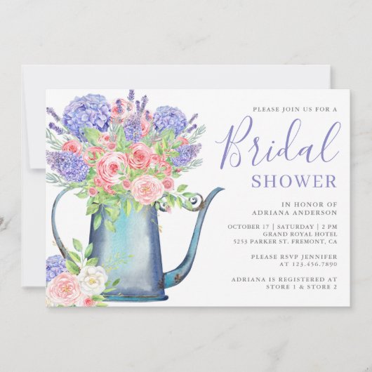 パープルアジサイ赤面ピンクローズブライダルシャワー 招待状 (正面)