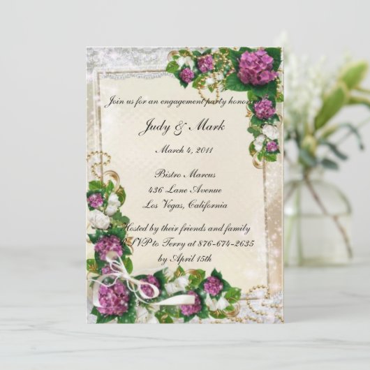 パープルアジサイ&レース婚約パーティ招待状 招待状 (スタンド正面)