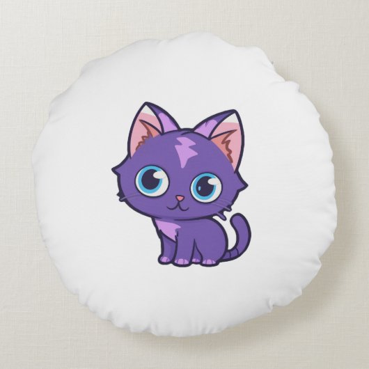 パープルアニメキャットベクターアート ラウンドクッション (裏面)