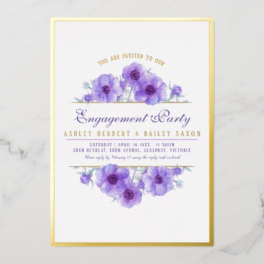 パープルアネモネの花の水彩画エンゲージメントカード 箔招待状 (正面)