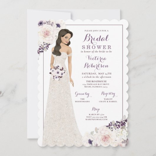 パープルアネモネブライドインガウンブライダルシャワー 招待状 (正面)