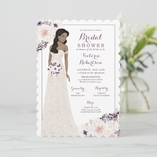 パープルアネモネブライドインガウンブライダルシャワー 招待状 (スタンド正面)