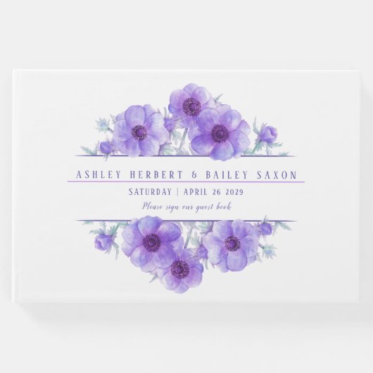 パープルアネモネ結婚ウォーターカラーのゲストブック ゲストブック (正面)