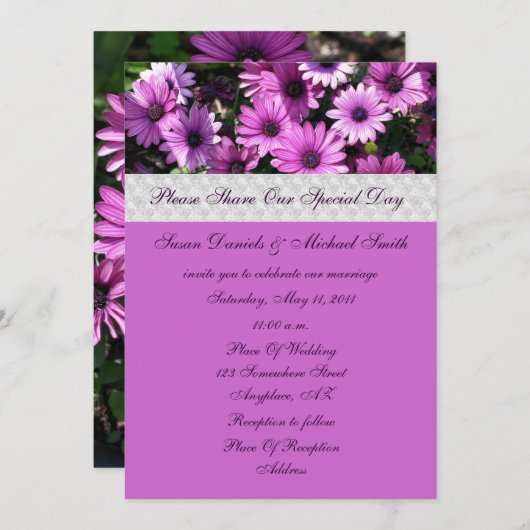 パープルアフリカデイジーフラワー結婚式招待状 招待状 (正面/裏面)