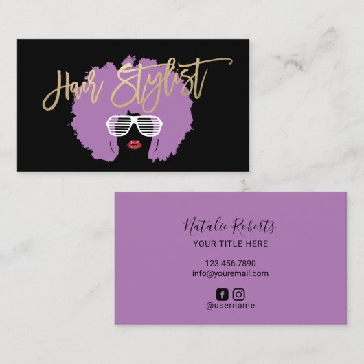 パープルアフロモダンヘア美しいファッションスタイリスト 名刺 (正面/裏面)