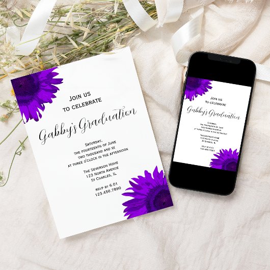 パープルアポップ・アートのートフラワー卒業パーティー招待状 招待状