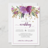 パープルアメジストと金ゴールドフローラフレーム結婚ズ 招待状 (正面)