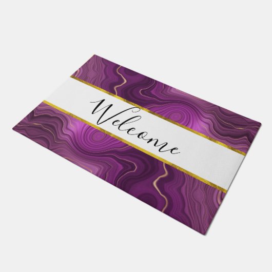 パープルアメジストと金ゴールド抽象芸術アガートウェルカム ドアマット (アングル)