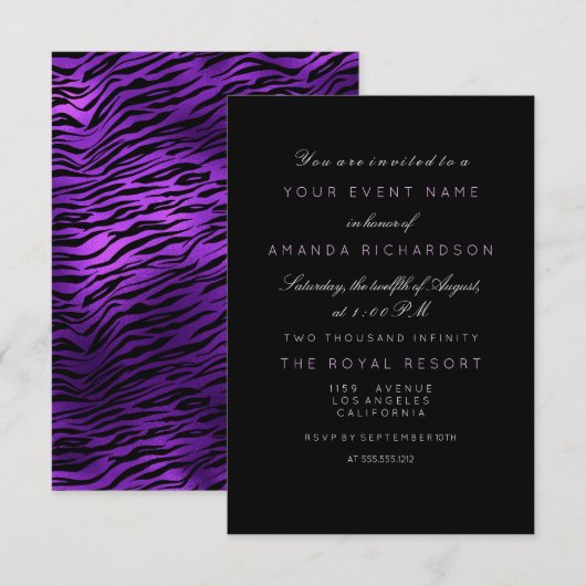 パープルアメジストタイガー白黒ミニマルアザ 招待状 (正面/裏面)