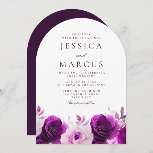 パープルアメジストバイオレット薄紫結婚アーチズ 招待状 (正面/裏面)