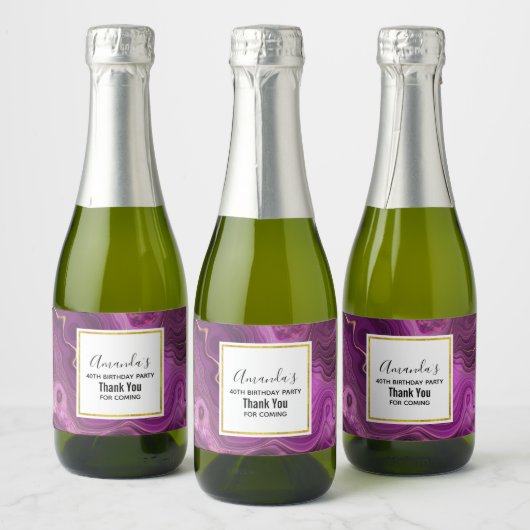 パープルアメジスト及び金ゴールド抽象芸術アガテ誕生日 スパークリングワインラベル (ボトル)