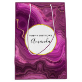 パープルアメジスト及び金ゴールド抽象芸術アガテ誕生日 ミディアムペーパーバッグ (正面)