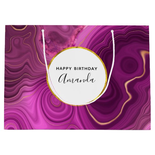 パープルアメジスト及び金ゴールド抽象芸術アガテ誕生日 ラージペーパーバッグ (正面)
