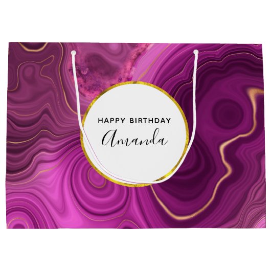パープルアメジスト及び金ゴールド抽象芸術アガテ誕生日 ラージペーパーバッグ (裏面)