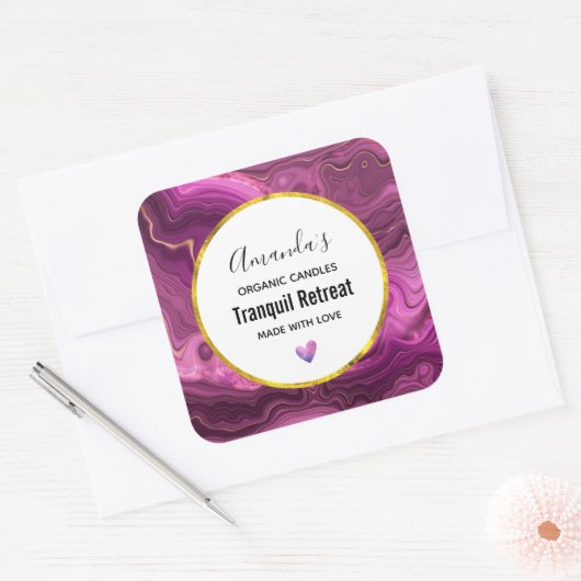 パープルアメジスト及び金ゴールド抽象芸術瑪瑙キャンドル スクエアシール (封筒)