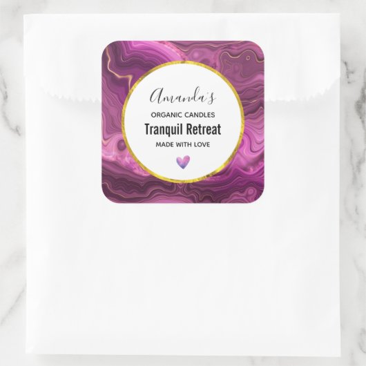 パープルアメジスト及び金ゴールド抽象芸術瑪瑙キャンドル スクエアシール (バッグ)