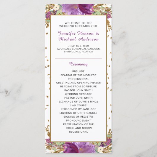 パープルアメジスト金ゴールドグリッターフレーム結婚式 プログラム (正面)