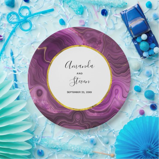 パープルアメジスト&金ゴールド抽象芸術アゲート結婚ト ペーパープレート (パーティー)