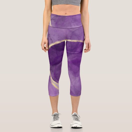 パープルアルコールインクアートと金ゴールドジムレギンス カプリレギンス (正面)