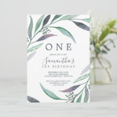 パープルアンドグリーンユーカリリースファースト誕生日 招待状 (スタンド正面)