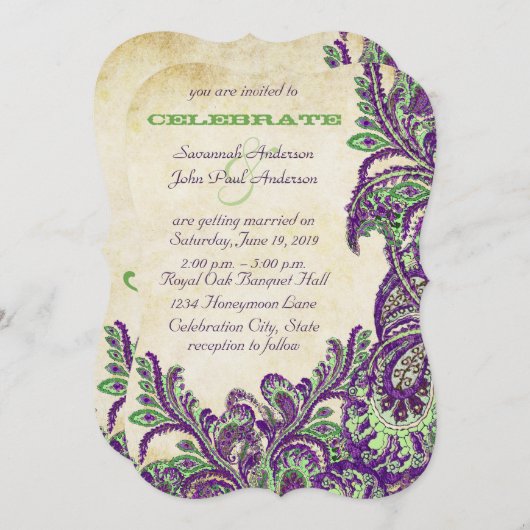 パープルアンドグリーンヴィンテージピーコックペイズリー結婚ズ 招待状 (正面/裏面)