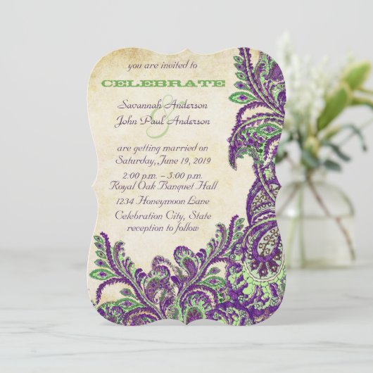 パープルアンドグリーンヴィンテージピーコックペイズリー結婚ズ 招待状 (スタンド正面)
