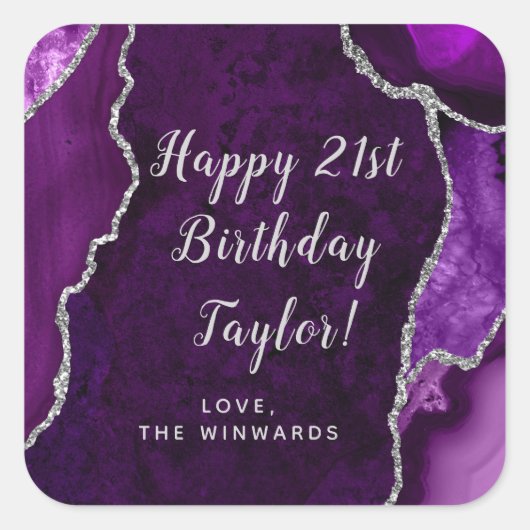 パープルアンドシルバーアゲートハッピーバースデー スクエアシール (正面)