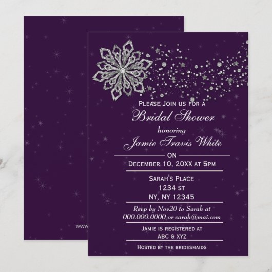 パープルアンドシルバーウィンターブライダルシャワー招待状 招待状 (正面/裏面)