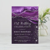 パープルアンドシルバーグリッターアゲート誕生日 招待状 (スタンド正面)