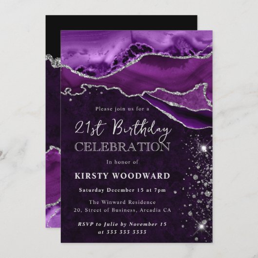 パープルアンドシルバーグリッターアゲート誕生日 招待状 (正面/裏面)